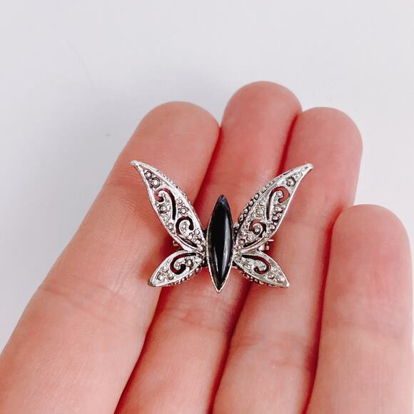 Vintage Silver Tone Butterfly Brooch Black Glass Marcasite Style 1970s - Picture 2 of 10